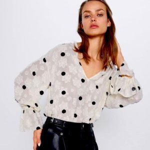 ZARA Cream Textured Floral with Embroidered Black Polka, Sz S